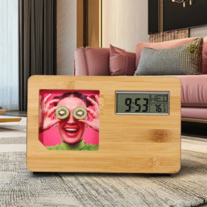 Cadre photo en bois naturel + Horloge numérique